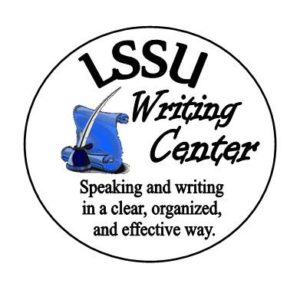 writing center logo says LSSU writing center speaking and writing in a clear, organized, and effective way