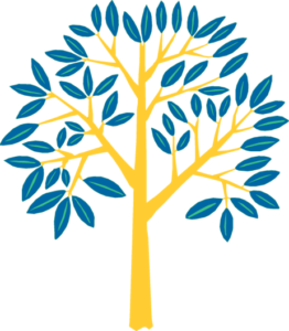 The LSSU Counseling Services logo consists of a tree with a yellow trunk and blue leaves in recognition of Laker colors. 