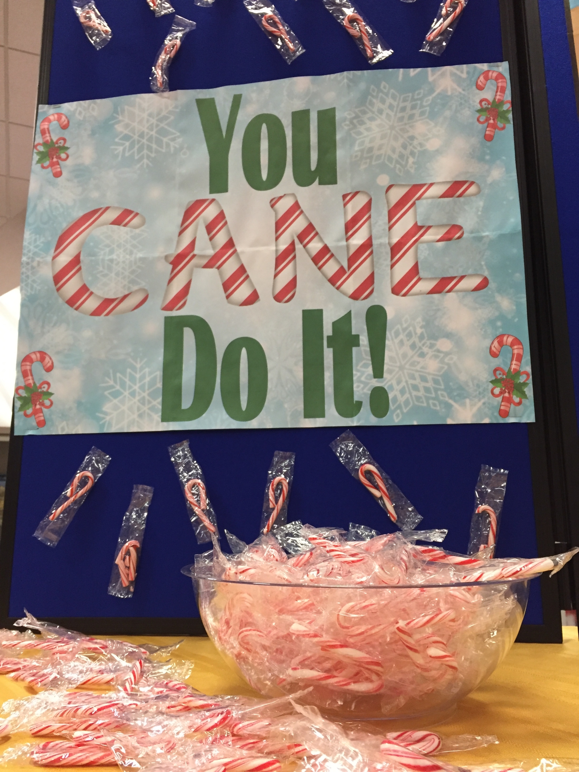 Students are encouraged to grab a candy cane at the "You CANE Do It" display in recognition of final exams.