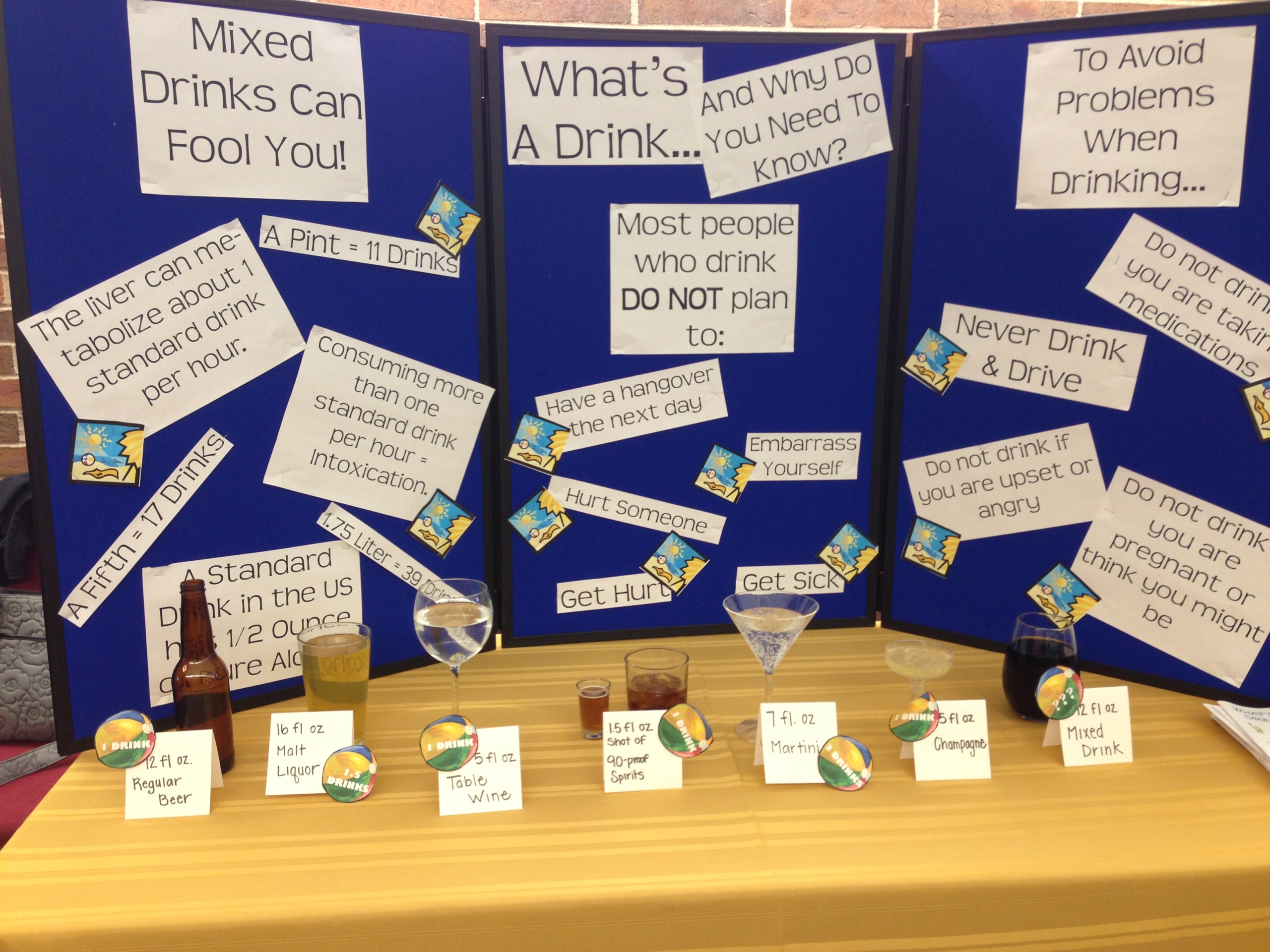 A display designed to educate students on what constitutes "1 standard drink" based on what type of alcoholic beverage is consumed.