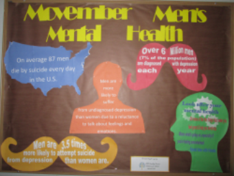 Facts about men's health are on display on a residence hall bulletin board. 