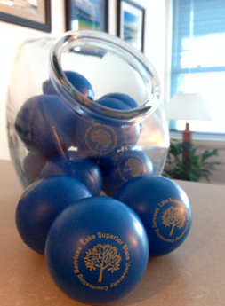 Stress balls with LSSU Counseling Services logo
