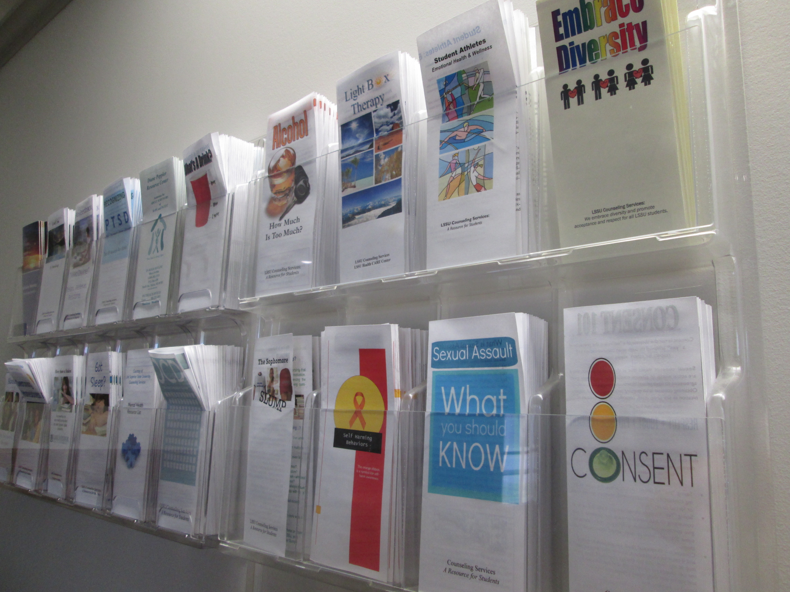 A display of mental health brochures is available within Counseling Services' lobby.