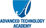 Adavanced Technolody Academy name text logo with blue shiled containing a white letter A