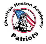 Charlton Heston Academy name text log containing a Patriot holding a flag image