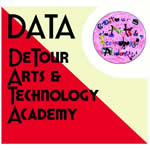 DeTour Arts & Technology Academy Logo inside half red and half yellow box containing a pink circle