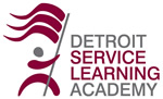 Person holding flag and nschoole name text representing Detroit Service Learning Academy Logo