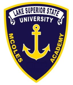 The Lake Superior State University, blue with gold MCOLES Academy patch. 