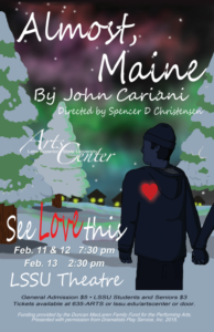 Almost, Maine Man in walking in woods with snowy weather.