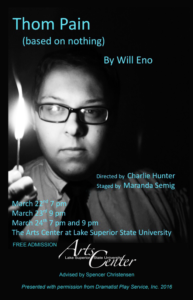Thom Pain (based on nothing) LSSU Theatre, Student Production, face with match lighting it up.
