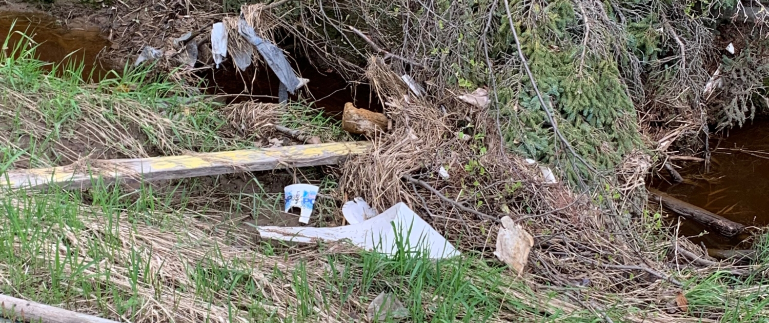 Trash is littered in Ashmun Creek before the Ashmun Creek Cleanup