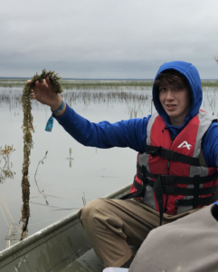 A student is sitting on a boat on the water and is holding a long strand of an aquatic plant over the side