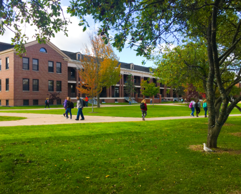 Fall campus scenic, students walking on campus in the fall