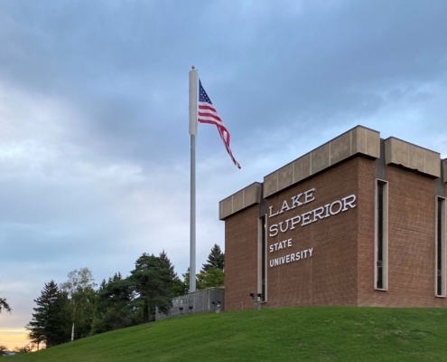 view of campus flag
