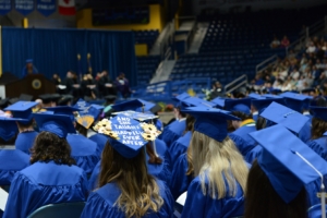 Decorated graduation caps.