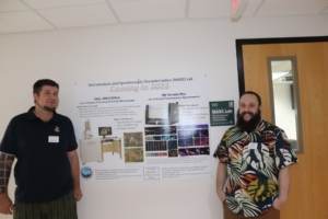 Drs. Kolomyjec (left) and Zierden (right) pose by a poster that displays LSSU's new equipment from consecutive NSF-MRI grants.