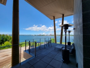 A picture of a balcony overlooking water
