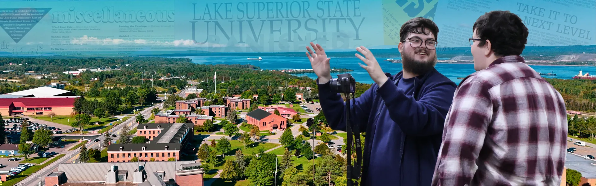 Aerial view of campus with an overlay of Marketing documents.