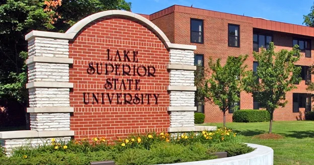 Brick sign with text 'Lake Superior State University'