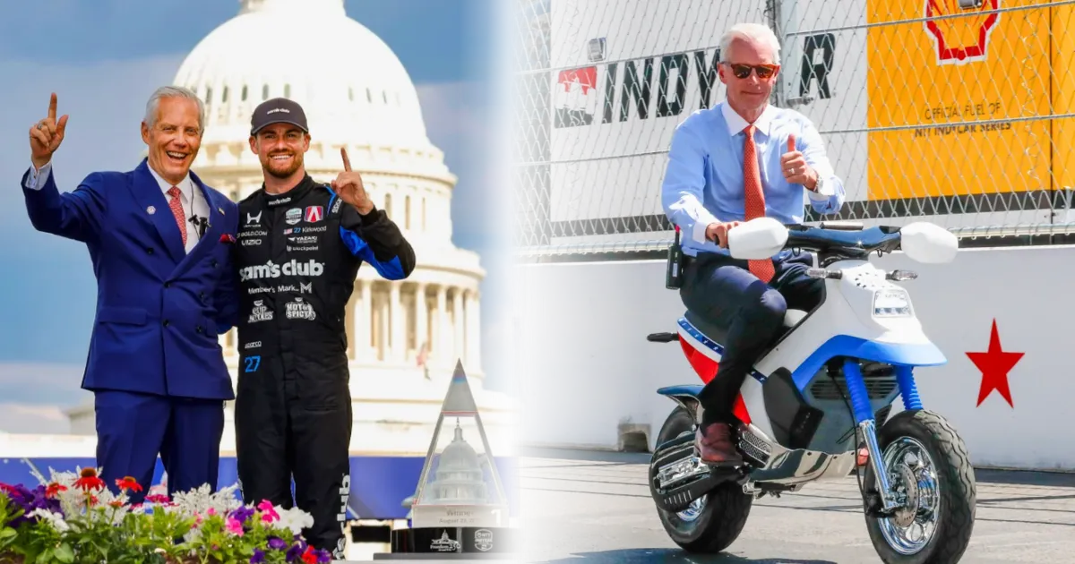 Collage of two images, one riding a motorcycle and one in front of the U.S. Capitol, of LSSU Alumnus Bud Denker