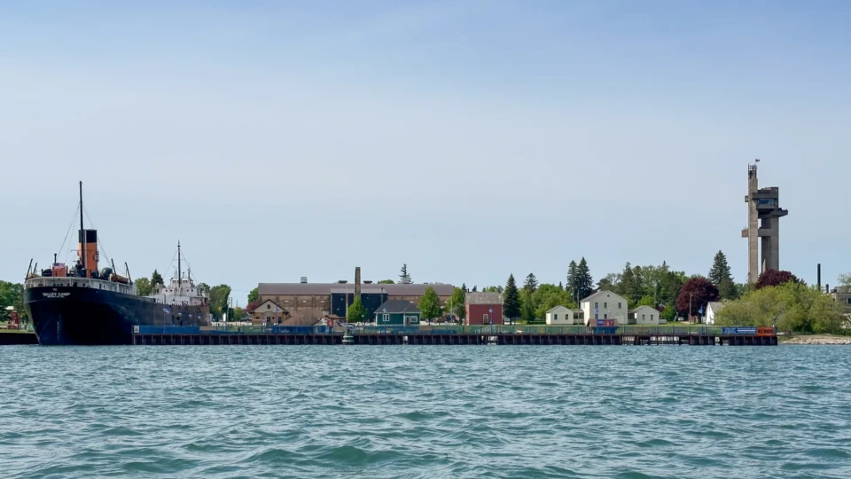 Sault Ste. Marie, MI waterfront and water line, with Valley Camp and the Tower of History shown, seen from the North.